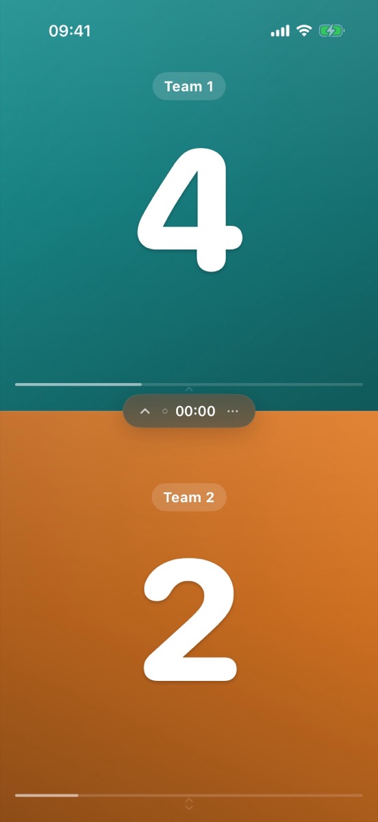 Two-team scoreboard, teal 4 versus orange 2, floating island in the centre