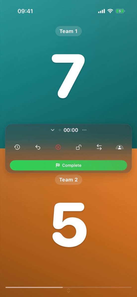 Expanded floating island with timer, control buttons and green Complete button