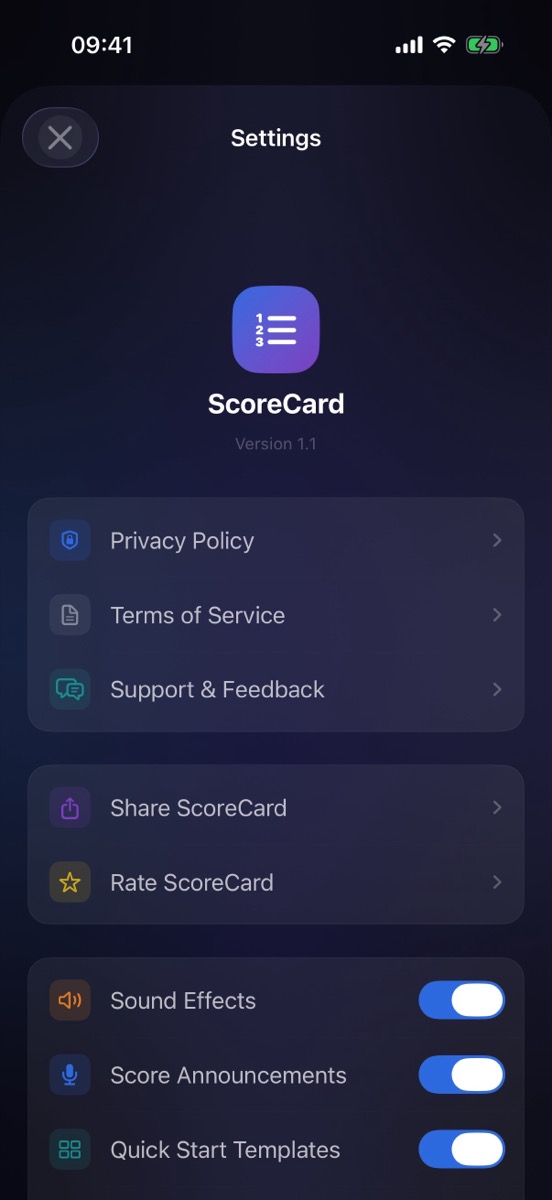 Settings screen with privacy links and feature toggles