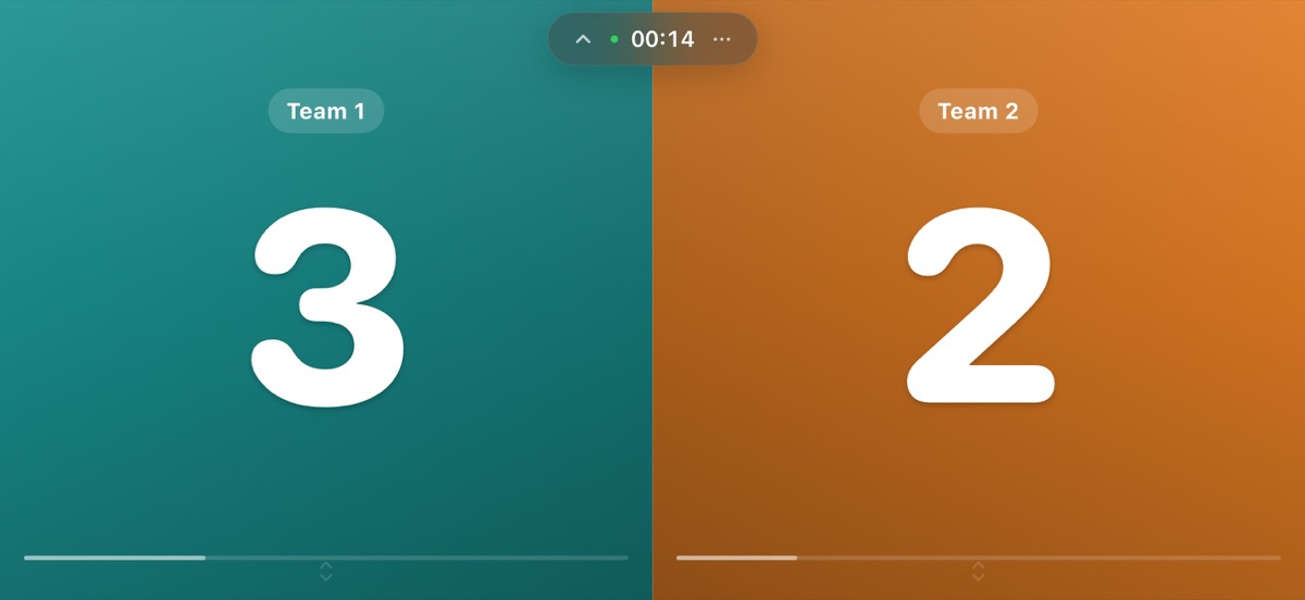 Landscape split-screen scoreboard, teal 3 versus orange 2