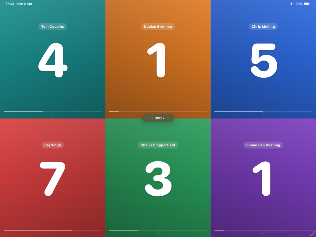 Six-player scoreboard grid running full screen on iPad