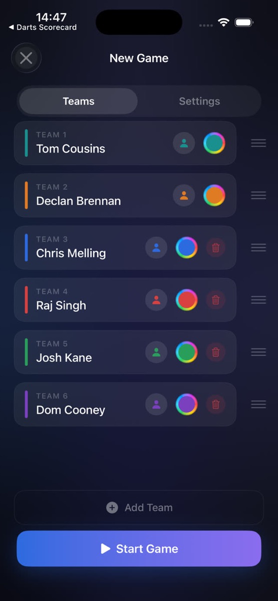 App Store screenshot: New Game screen with six named players