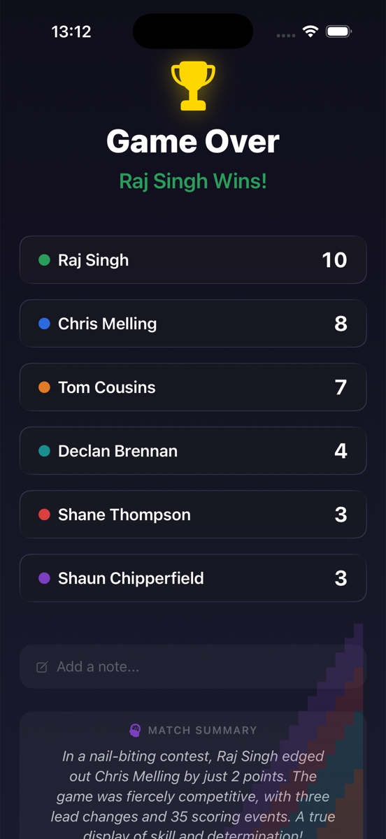 ScoreCard AI match summary