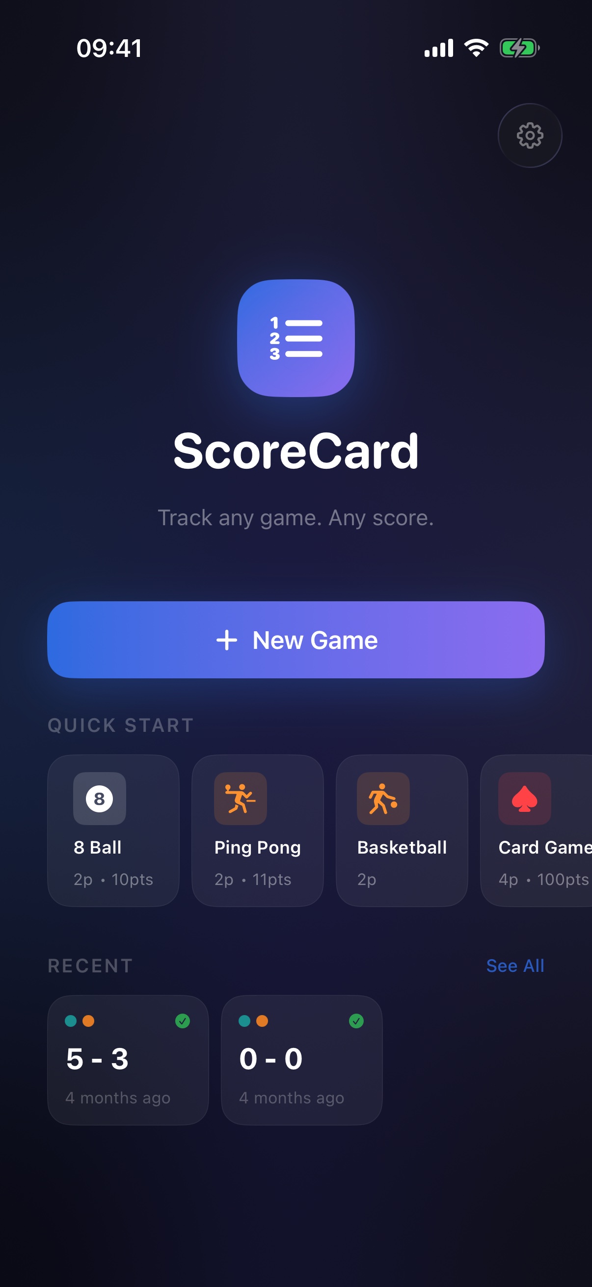 Home screen with New Game button, Quick Start templates and recent games