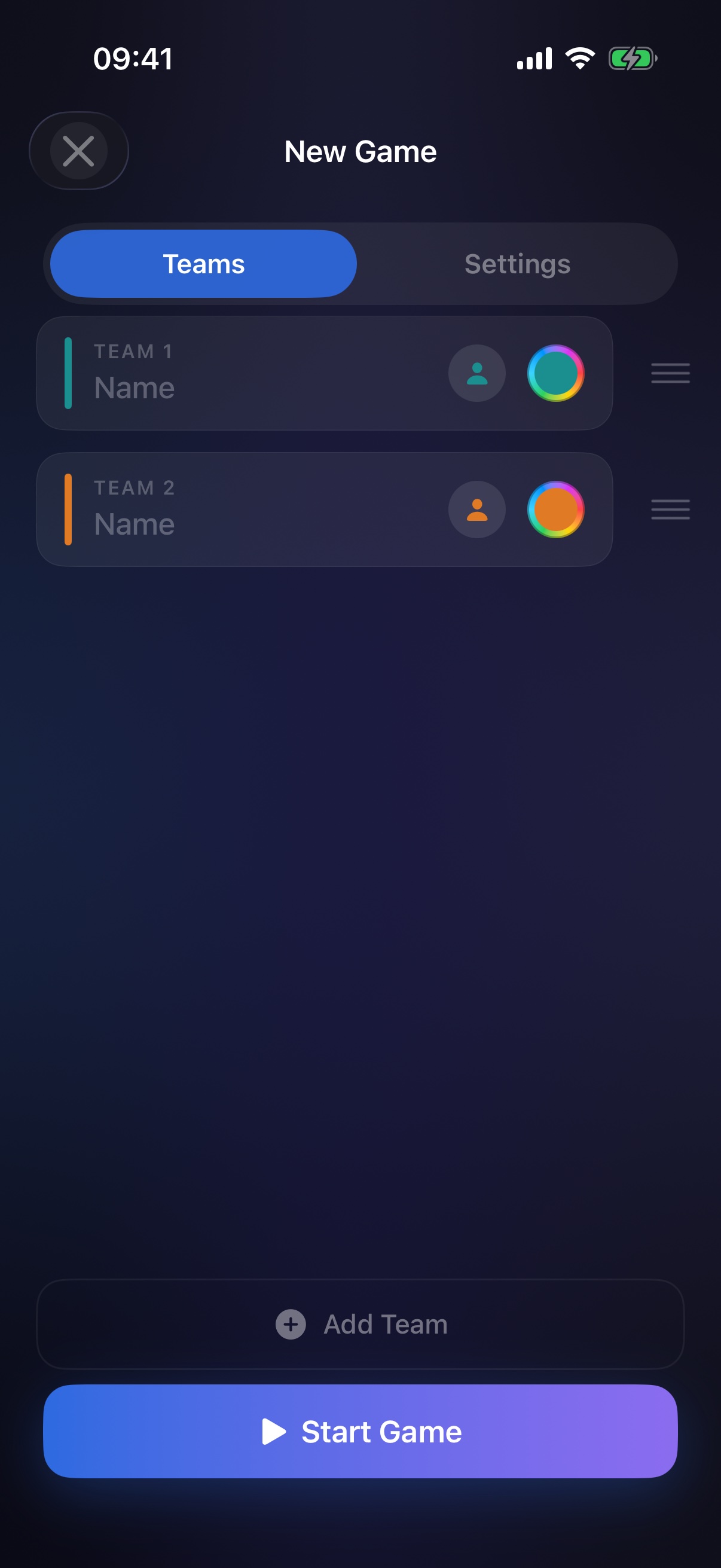New Game screen with two teams, colour pickers and Start Game button