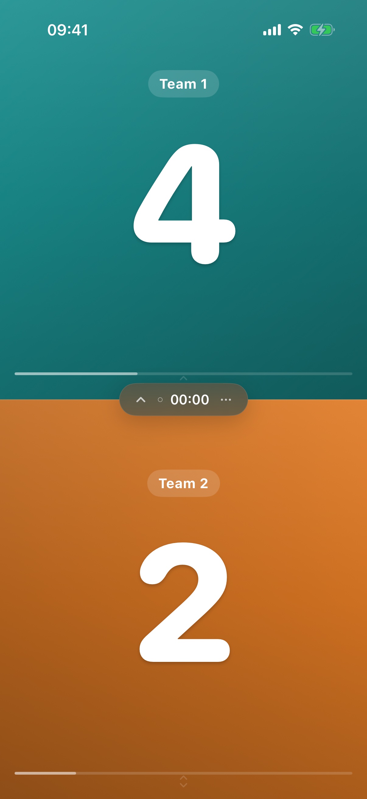 Two-team scoreboard, teal 4 versus orange 2, floating island in the centre