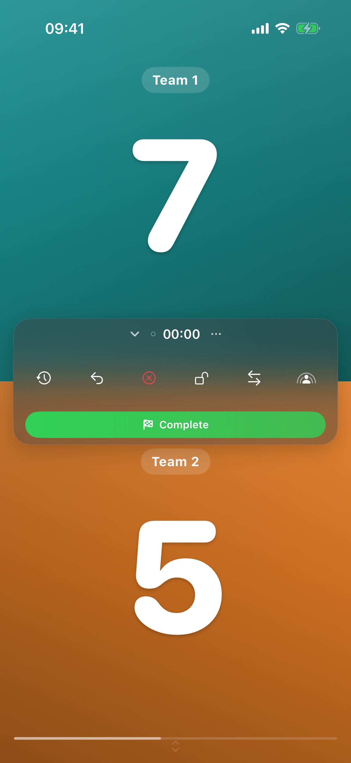 Expanded floating island with timer, control buttons and green Complete button