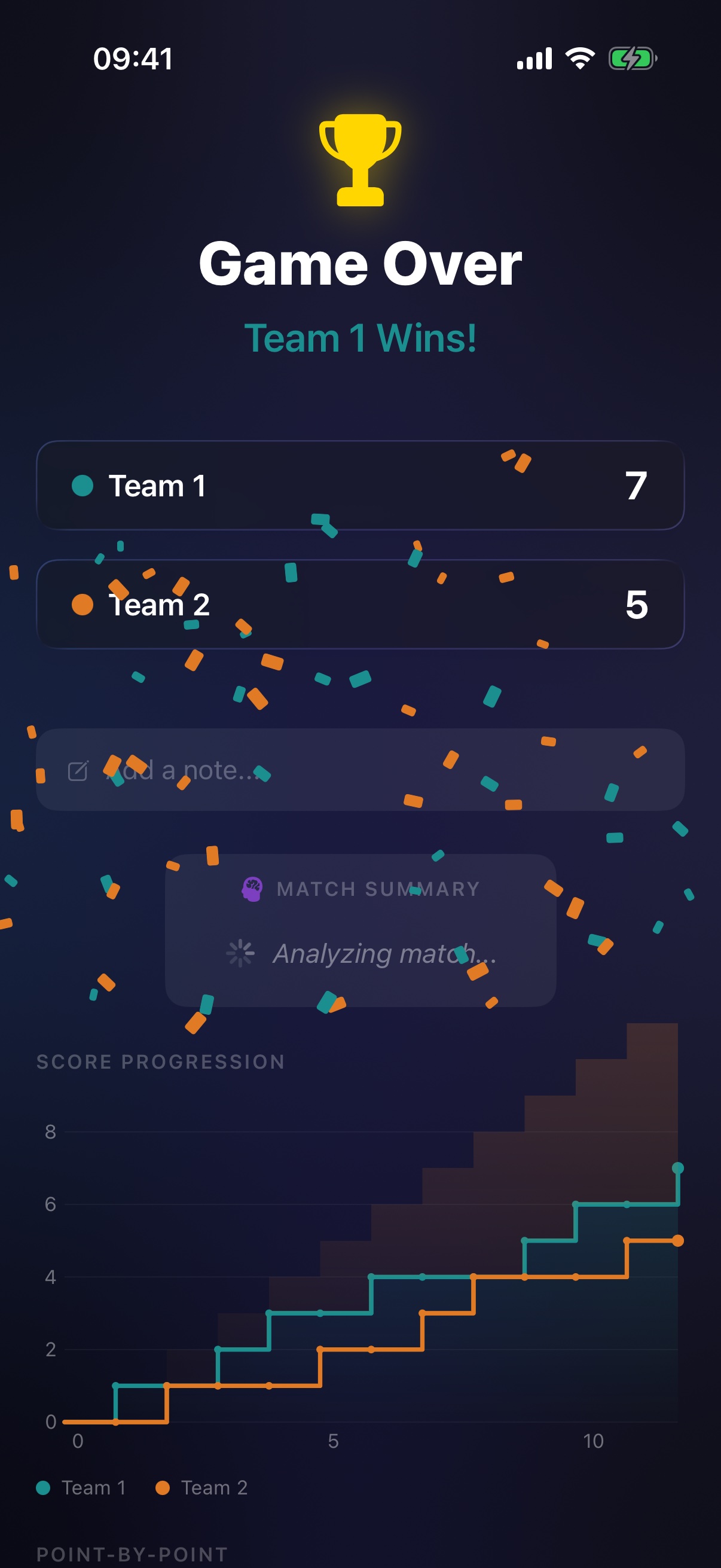Game Over screen with confetti falling in the winning team's colours
