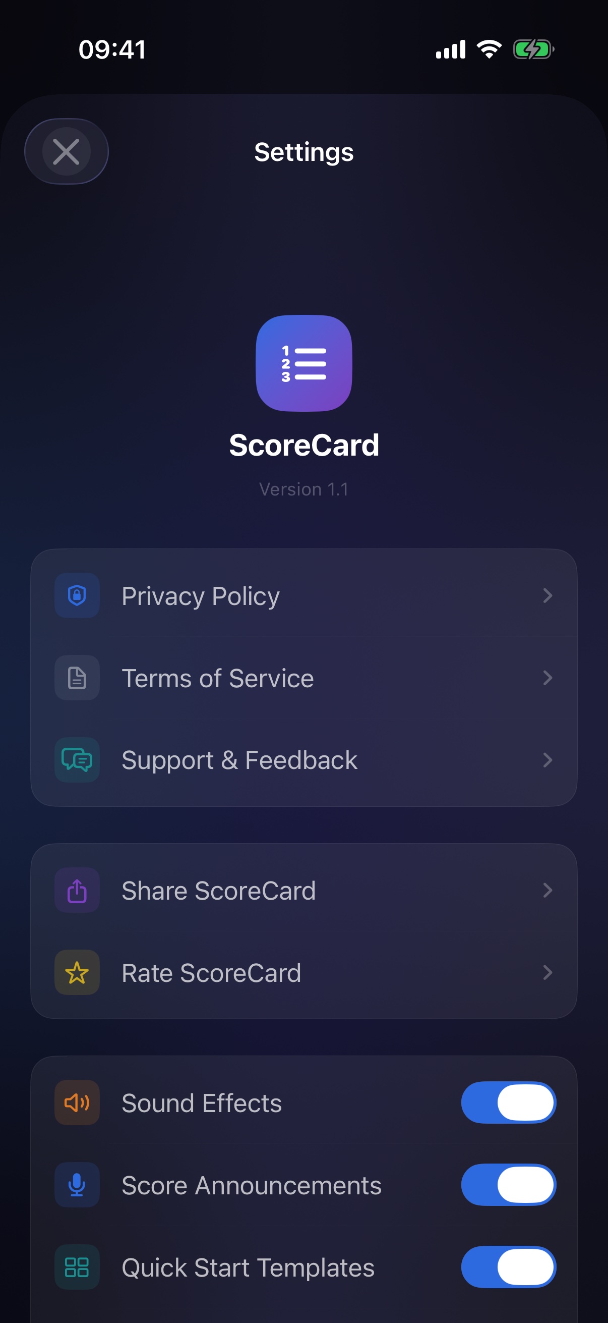 Settings screen with privacy links and feature toggles