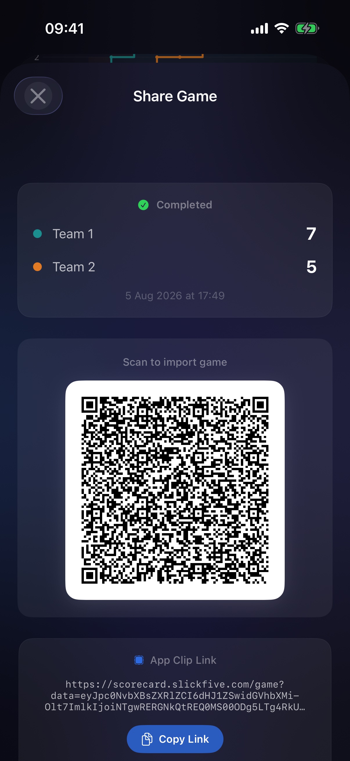Share Game screen with a QR code and App Clip link
