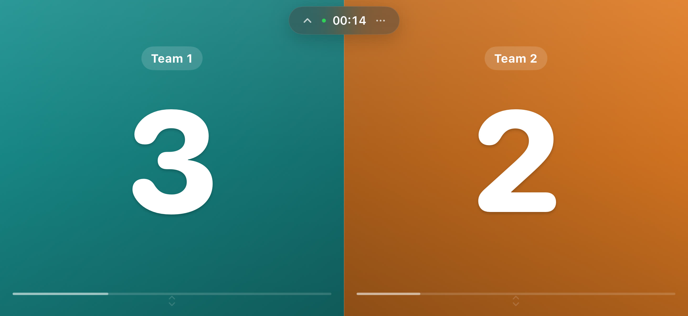 Landscape split-screen scoreboard, teal 3 versus orange 2
