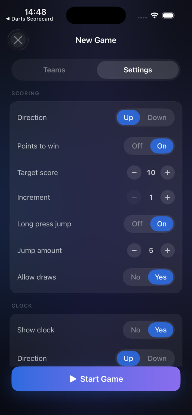 App Store screenshot: game settings with scoring, clock and draw options